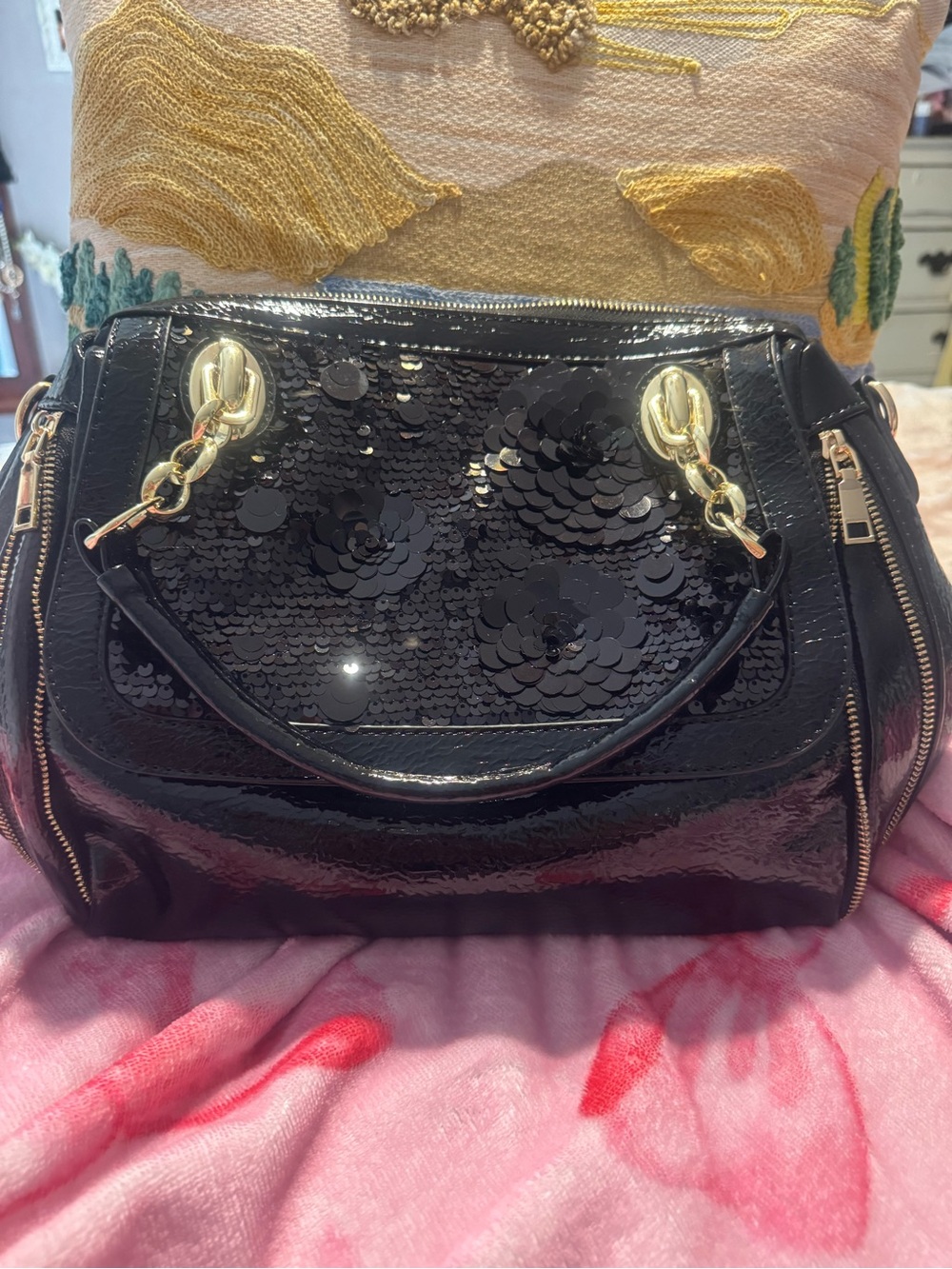 Black Sequin Patent Leather Satchel Handbag